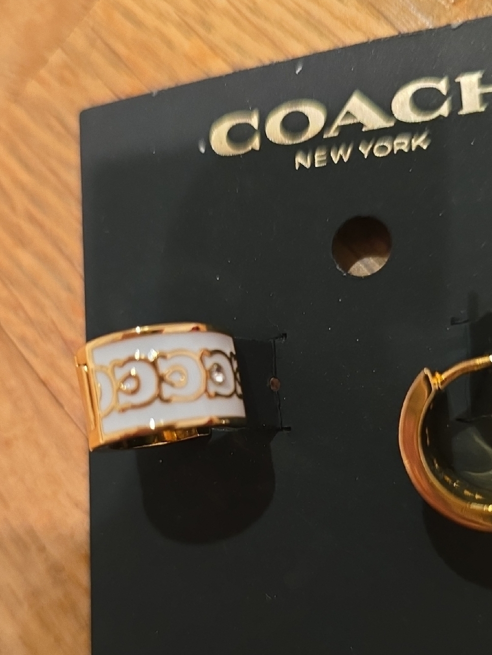 Coach Gold-Tone and White Hoop Earrings & Dustbag - Picture 4 of 5